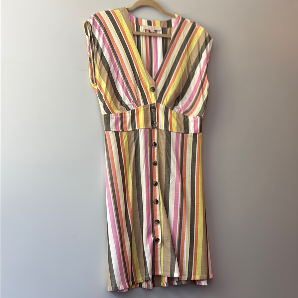 Striped V-Neck Button-Front Women’s Dress in Pink, Yellow & Green